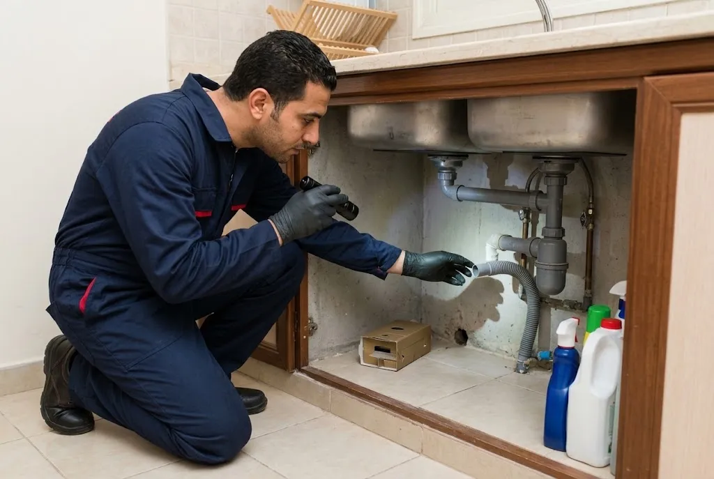 صورة توضيحية لفحص فتحات المواسير أسفل حوض المطبخ لتحديد منافذ دخول الحشرات